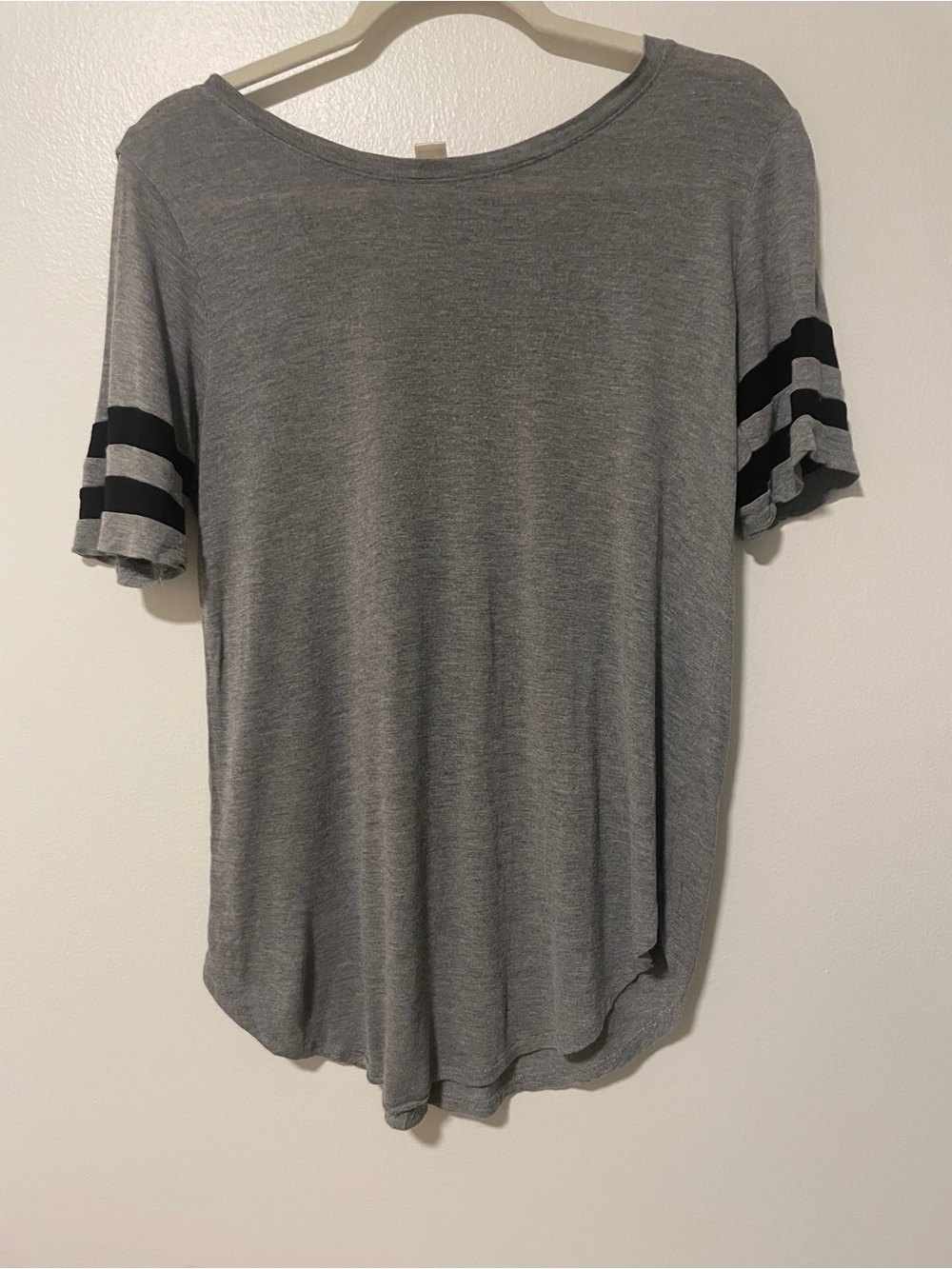 Gray Varsity Stripe Tee Soft Stretch Swing Top Casual Athleisure Short Sleeve